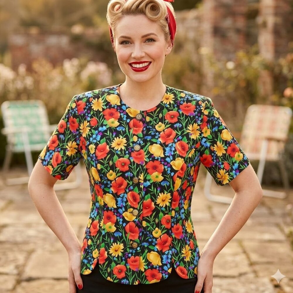 Vintage Jessica Howard Blouse Top Floral Colorful Art-to-wear 80s 90s size 12P
